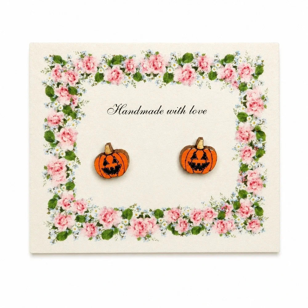 Handmade Pumpkin Stud Earrings Women OS Orange Wood Jack-O-Lantern Halloween